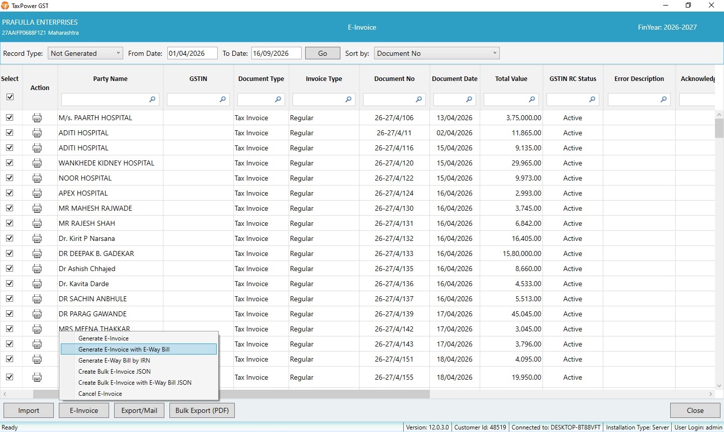 TaxPower GST bulk E-Invoice and E-Way Bill generation with IRN and bulk JSON options