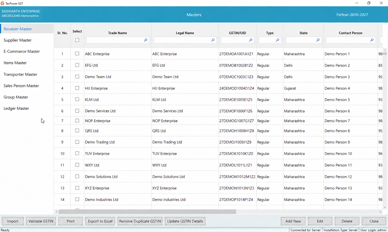 TaxPower GST Billing Masters showing receiver records
