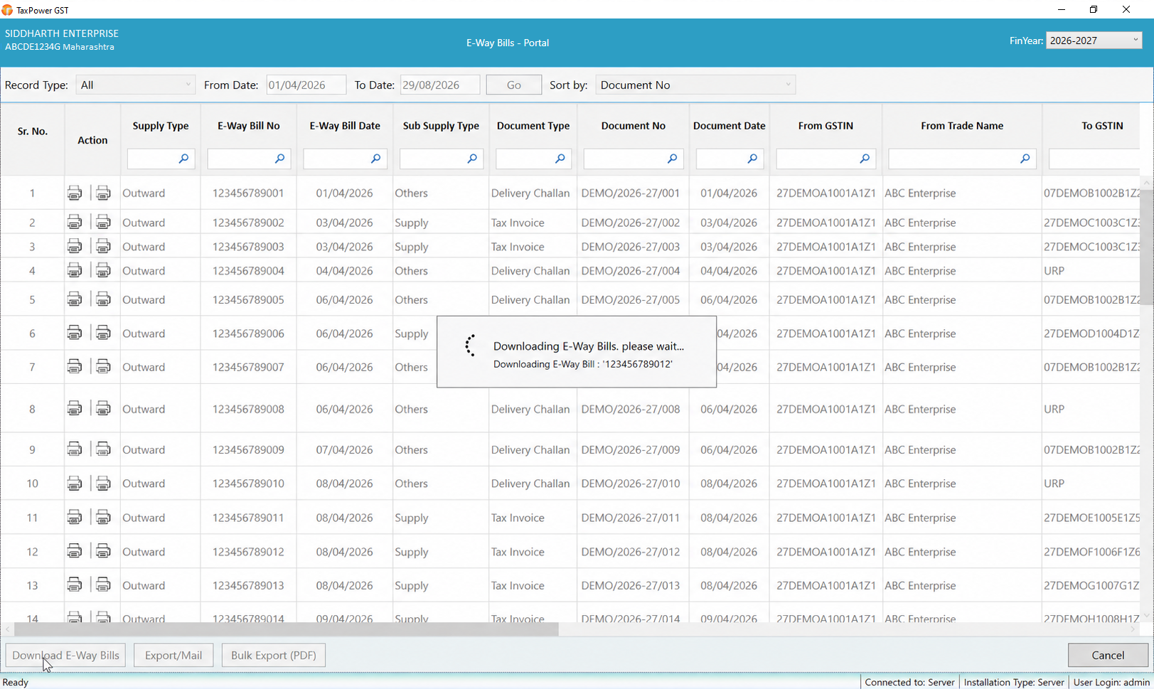 TaxPower GST E-Way Bills portal download screen